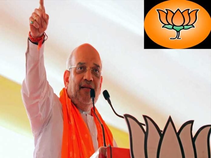 Amit Shah a man standing at a podium with a microphone and a flower