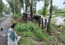 सड़क हादसा: अनियंत्रित मालवाहक वाहन पलटा, चालक गंभीर रूप से घायल