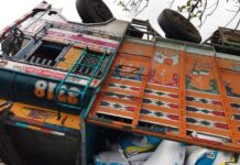मंडला-जबलपुर हाईवे पर बड़ा हादसा, ट्रक पलटा, सामान सड़क पर बिखरा