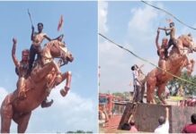 तलवार लेकर रानी अवंती बाई की मूर्ति पर चढ़ा युवक, बोला- मुझे मारने आ रहे हैं लोग